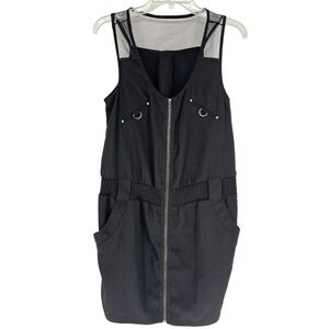 Black Mesh Trimmed Zipper Front Utility Dress M Indie Streetwear Grunge
